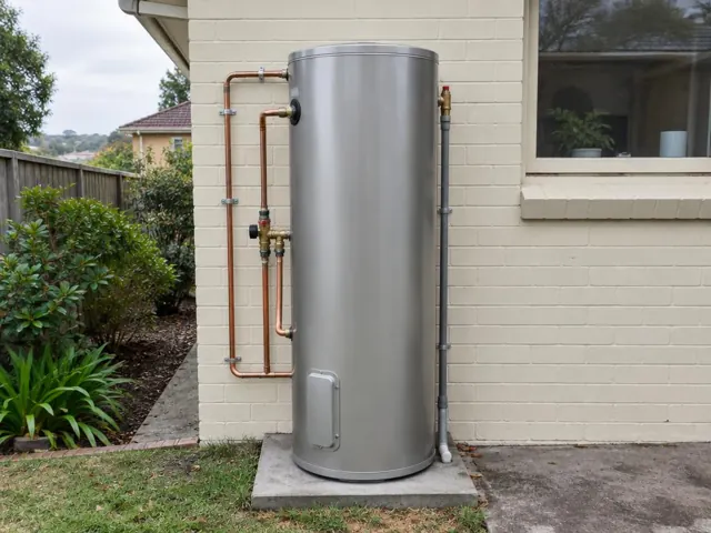 Outdoor hot water cylinder with copper and grey pipework beside a brick house wall in St Ives